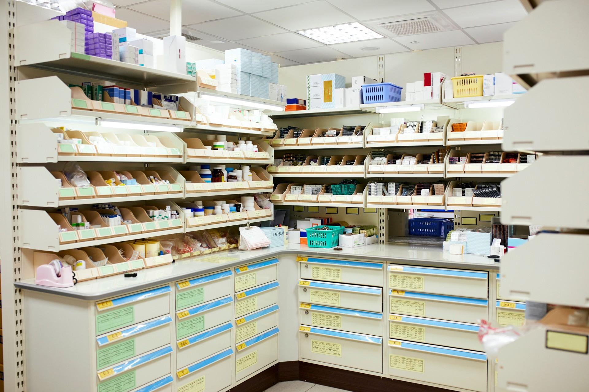 Various drugs in storage room at pharmacy